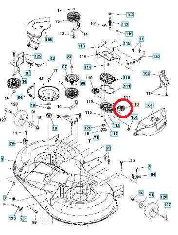 Zębatka przekładni napędu noża traktora CTH 164T Husqvarna, metalowa, o okrągłym kształcie, widoczna z boku. Cechuje się wyraźnymi zębami i gładką powierzchnią. Zaznaczona na schemacie jako element montażowy w systemie przekładni.