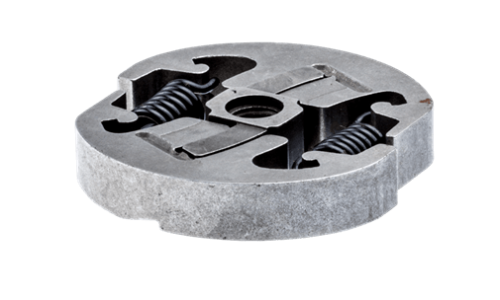 Sprzęgło nożyc 122HD60 Husqvarna w kolorze szarym, o okrągłym kształcie. Widoczne sprężyny i otwór centralny. Ujęcie z góry, pokazujące szczegóły budowy. Element nowy, bez oznaczeń reklamowych.