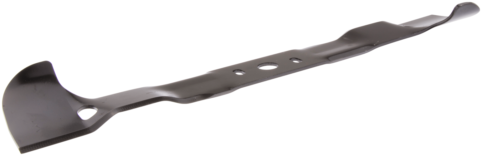 Nóż do traktorka TC 342 Husqvarna, lewy, w kolorze czarnym, metalowy, o opływowym kształcie. Ujęcie z boku, prezentujące wycięcia na mocowania. Oferuje precyzyjne cięcie. Tło białe, co podkreśla detale produktu.