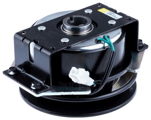 Metalowe sprzęgło traktora ogrodowego CTH 164T Husqvarna, czarna obudowa, srebrny element wewnętrzny, widoczne przyłącze elektryczne i oznaczenia, ułożone na płaskiej powierzchni z detalami mocowania.