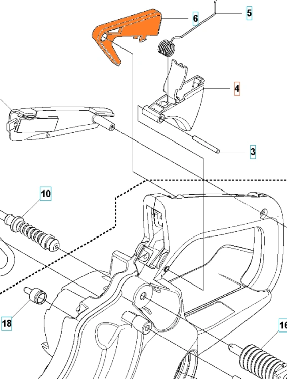 Blokada dźwigni gazu pilarki Husqvarna 435, 440 II w kolorze pomarańczowym, występująca w pozycji poziomej. Widok z przodu, ukazujący detale konstrukcji oraz mocowania. Elementy umieszczone obok silnika pilarki, na białym tle.
