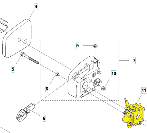 Gaźnik Husqvarna 122HD60/322HD60 z boku, szary z logo, z elementami montażowymi i czarnym przyciskiem, pokazujący szczegóły konstrukcji i gwintowane otwory.