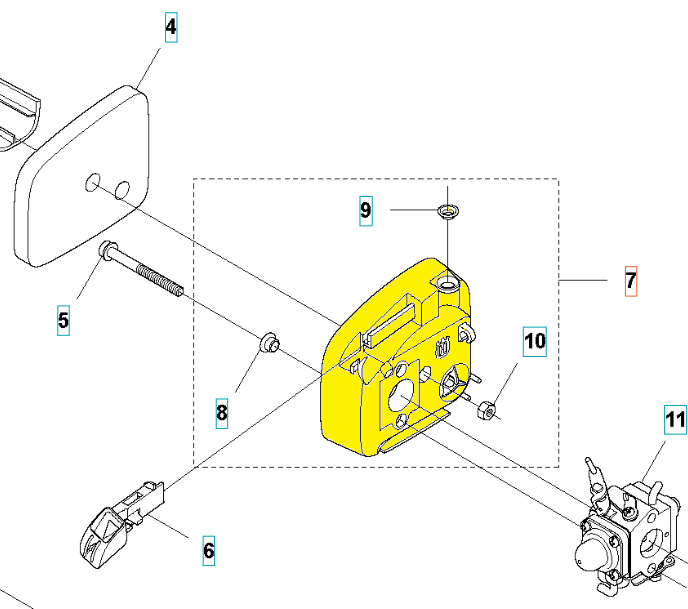 Żółta obsada filtra nożyc 122HD60/122HD45 Husqvarna z przodu z miejscami mocowania i otworami, z boku pokazująca kształt i detale, z widocznymi śrubkami. Gotowy do użycia, zwarty element montażowy.