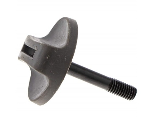 Szare pokrętło osłony filtra nożyc Husqvarna 122HD60/122HD45 z metalowym gwintem, okrągłe, teksturowane, ze szczeliną do mocowania, na białym tle.