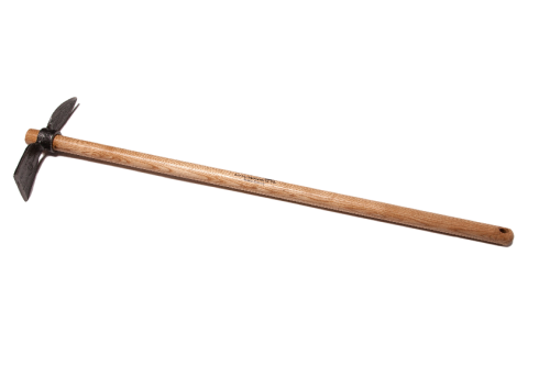 Motyczka ogrodowa 2-stronna z kształtem serca i kantem, drewniane stylisko o długości 80 cm. Narzędzie leży poziomo, z metalowymi końcówkami widocznymi z boku. Tło białe, co podkreśla detale konstrukcji i materiału.