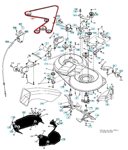 Czerwony pasek napędu noży do traktora CTH 151 Husqvarna na białym tle, nowy, z elementami montażowymi, dobrze dopasowany do mechanizmu, z widocznymi detalami technicznymi.