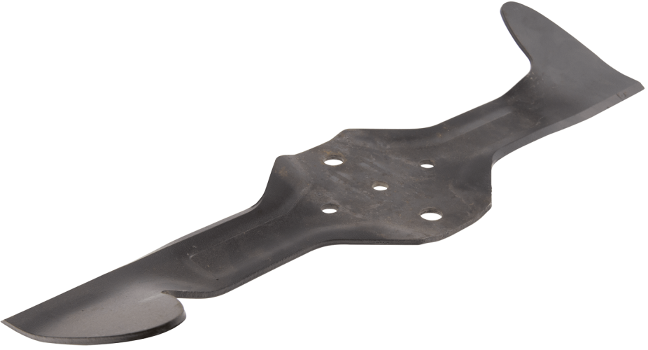 Nóż do traktorka CTH 151 Husqvarna, lewy, o stalowej, matowej powierzchni, z charakterystycznym kształtem oraz widocznymi pięcioma otworami montażowymi. Ujęcie z boku, ukazujące profil i detale ostrza. Na tle białym dla lepszej widoczności.