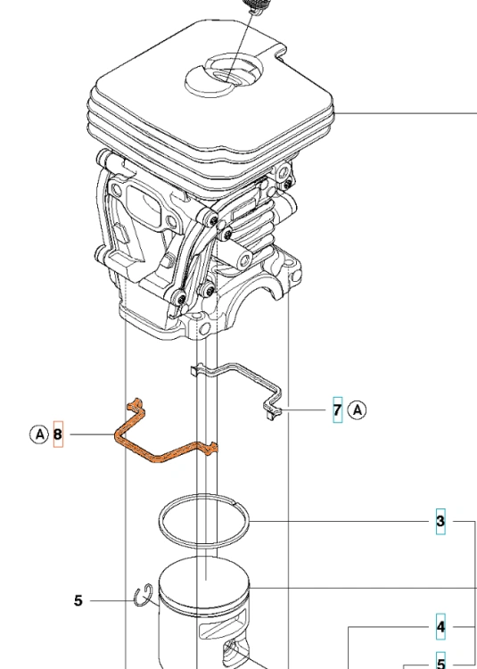 Uszczelka cylindra pilarki Husqvarna 140, 435 II w kolorze metalicznym, prezentująca szczegóły montażowe. Widok z boku, ukazujący charakterystyczne kształty oraz elementy dołączone do sylwetki. Produkt leży na prostym, jasnym tle.