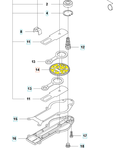 Koło zębate nożyc Husqvarna 122HD60/122HD45 w kolorze żółtym, przedstawione z góry, w detalach. Wyróżnia się wycięciami i ząbkami na obwodzie. Element montażowy leży na jednolitym tle, obok widoczne akcesoria.