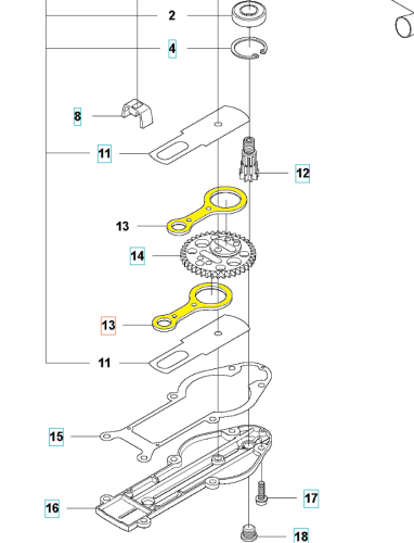 Korbowód nożyc Husqvarna 122HD60/122HD45, żółto-szary, z widocznym kołem zębatym, ułożony na białym tle, podkreślającym detale metalowej konstrukcji.