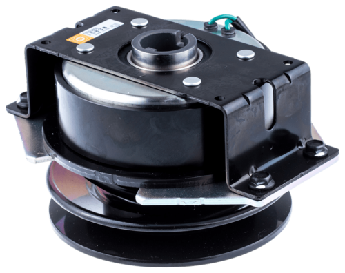 Sprzęgło do traktora ogrodowego CTH 126 Husqvarna, cylindryczne, czarne, metalowe z elementami mocującymi i okrągłym wycięciem, z logo i napisami, montowane na ramie, przeznaczone do prac ogrodowych.