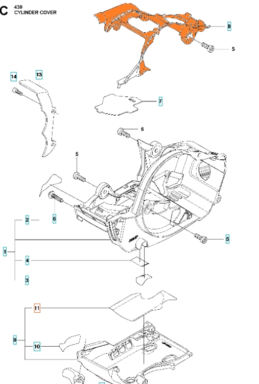 Osłona przy pokrywie cylindra do pilarki Husqvarna 439, T435 w kolorze szarym. Widok z boku, stojąca, ukazująca gładką, solidną powierzchnię z detalami mocowania. Widoczne logo producenta oraz otwory montażowe. Tło jasne, jednolite.