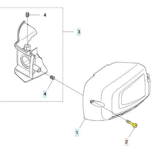 Żółta, metalowa śruba pokrywy cylindra nożyc Husqvarna 122HD60/122HD45, prostokątna, widoczna z boku obok obudowy z mocowaniem i oznaczeniami na jasnym tle.