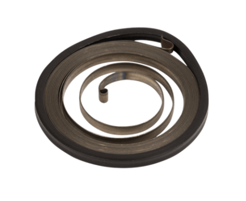 Metalowa sprężyna rozrusznika nożyc w brązowo-czarnych odcieniach, o cylindrycznym kształcie i spiralnej konstrukcji, ukazująca elastyczność i właściwości mechaniczne, na przejrzystym tle.