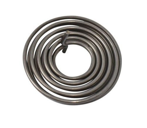 Sprężyna nożyc Husqvarna 122HD60/122HD45, zwinięta, metalowa, ciemnoszara, spiralna z krótkim występem na końcu do montażu.