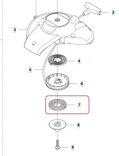Sprężyna nożyc 122HD60/122HD45 Husqvarna, metalowa, okrągła, jasna, z gładką powierzchnią i otworem w centrum, widok z przodu. Element w zestawie montażowym obok innych części narzędzia.