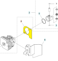 Uszczelka cylindra nożyc 122HD60/122HD45 Husqvarna w kolorze żółtym, o prostokątnym kształcie z wycięciem, ukazana w zbliżeniu. Element zamontowany na silniku, z widocznymi detalami mocowania. Tło białe, przez co uszczelka jest dobrze widoczna.