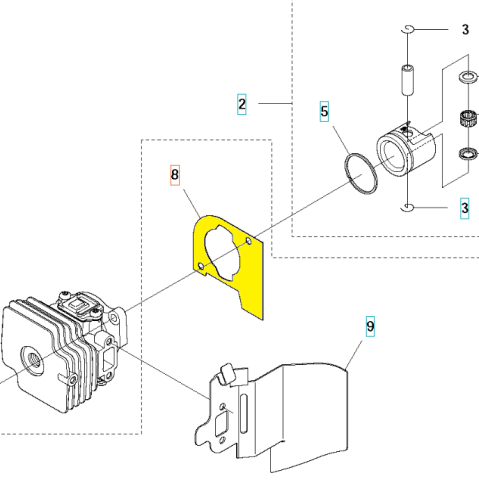 Uszczelka cylindra nożyc 122HD60/122HD45 Husqvarna w kolorze żółtym, o prostokątnym kształcie z wycięciem, ukazana w zbliżeniu. Element zamontowany na silniku, z widocznymi detalami mocowania. Tło białe, przez co uszczelka jest dobrze widoczna.