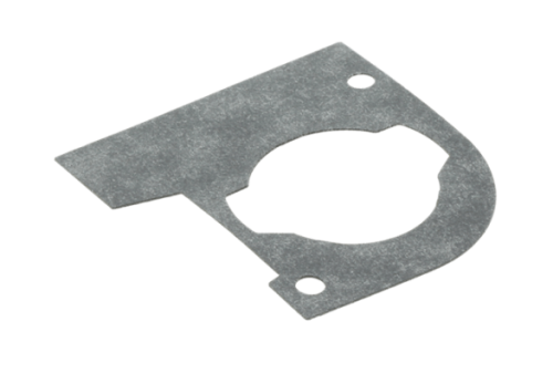 Uszczelka cylindra nożyc Husqvarna 122HD60/122HD45, w kolorze szarym, o płaskim kształcie, wykonana z metalu. Ujęcie z boku, pokazujące otwór centralny oraz dwa otwory montażowe. Produkt leży na jednolitym tle.