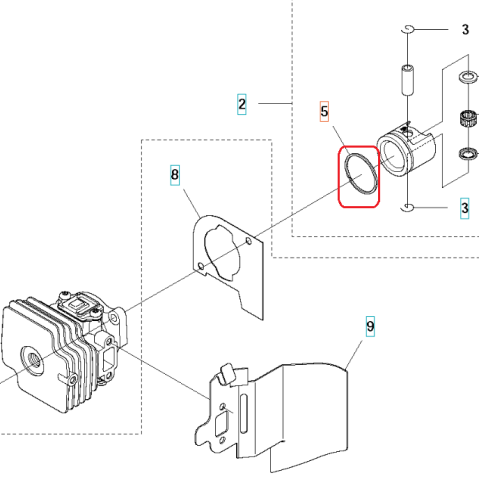 Pierścień tłoka nożyc Husqvarna 122HD60/122HD45, okrągły, metalowy element, przedstawiony w zbliżeniu, w kolorze srebrnym. Widoczna, gładka powierzchnia, precyzyjne wymiary, znajdujący się w schemacie montażowym, otaczający inny komponent.