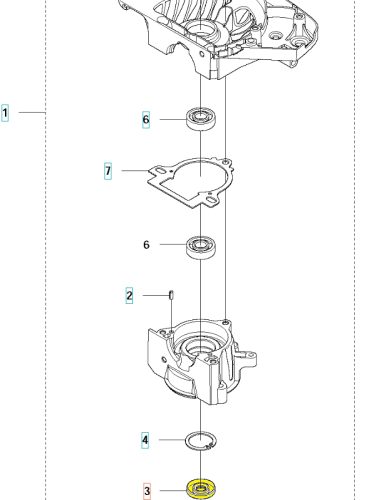 Żółty gumowy pierścień uszczelniający karteru nożyc Husqvarna 122HD60/122HD45, okrągły, widoczny w pozycji leżącej na białym tle, podkreślającym detale montażowe.