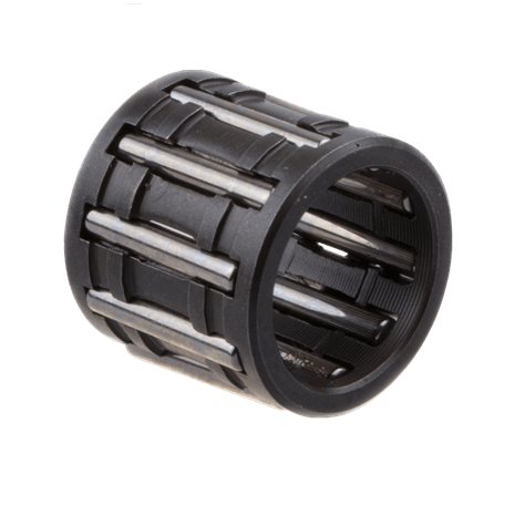 Łożysko igiełkowe nożyc 122HD60/122HD45 Husqvarna, czarne, cylindryczne, z metalowymi igłami. Ujęcie frontalne, leżące na jednolitym tle. Widoczne rowki na zewnętrznej powierzchni. Idealne do mechanizmów nożycowych.