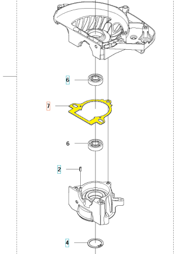 Uszczelka karteru nożyc 122HD60/122HD45 Husqvarna w kolorze żółtym, o prostokątnym kształcie z otworami montażowymi. Widoczna zbliżenie na detale krawędzi i fakturę. Produkt leży na płaskiej powierzchni, w ujęciu frontalnym, na jasnym tle.