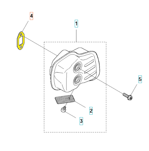 Uszczelka tłumika nożyc Husqvarna 122HD60/122HD45, żółta, z logo. Frontalne zdjęcie pokazuje prostokątny kształt, dwa otwory i elementy montażowe na białym tle.