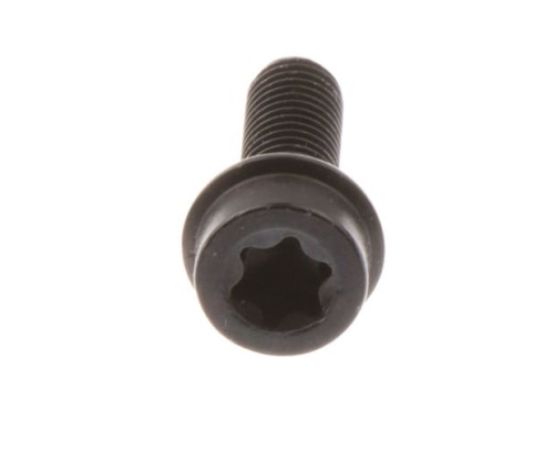 Czarna śruba tłumika nożyc Husqvarna z zaokrągloną główką i wielokątnym wcięciem. Zdjęcie frontalne na jednolitym tle, pokazujące gwint i szczegóły produktu ułożonego poziomo.