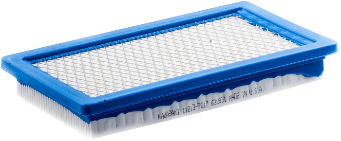 Filtr powietrza do traktorka Husqvarna z silnikiem Kawasaki, prostokątny, niebieska ramka i siatka, napis „Kawasaki 11013-701 65231 MADE IN U.S.A.” jasno widoczny.