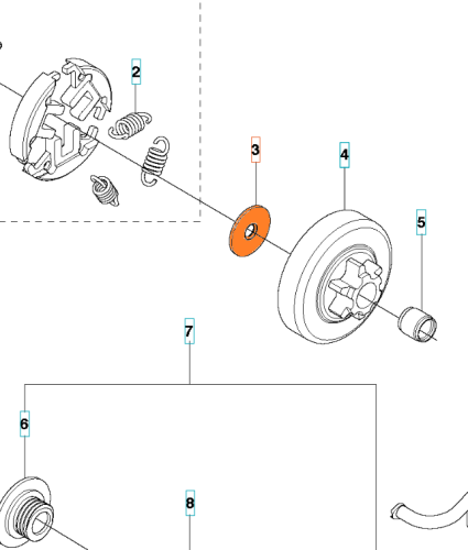Pomarańczowa okrągła płytka do sprzęgła pilarki Husqvarna 439, T525 z otworami montażowymi, oznaczona numerem 3, leżąca na białym tle, otoczona innymi częściami.