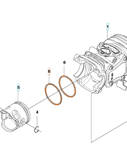 Pomarańczowy pierścień tłoka pilarki Husqvarna 439, 540XP Mark III, okrągły, z dwoma pierścieniami wokół cylindra. Zdjęcie na białym tle, zbliżenie na detale, do niezawodnej pracy pilarki.