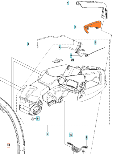 Blokada dźwigni gazu pilarki Husqvarna 439, T435 w intensywnej pomarańczowej barwie, z wyraźnym logo. Produkt widoczny z boku, w złożonym stanie, ukazujący detale kształtu i mocowania. Tło jednolite, umożliwiające łatwe rozpoznanie elementów.