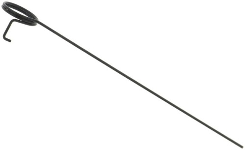 Sprężyna dźwigni gazu pilarki Husqvarna 439, T435; czarna, metalowa, o prostokątnym profilu, z zagiętym końcem. Ujęcie boczne, sprężyna leży na jednolitym tle. Długa, cienka konstrukcja, idealna do zamontowania w pilarkach.