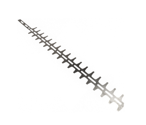 Listwa tnąca nożyc 122HD45 Husqvarna ze stali, o prostokątnym kształcie i ząbkowanej krawędzi, widoczna z boku. Element bez dodatkowych akcesoriów, na jednolitym tle. Długość listwy podkreśla jej przeznaczenie do precyzyjnego cięcia.