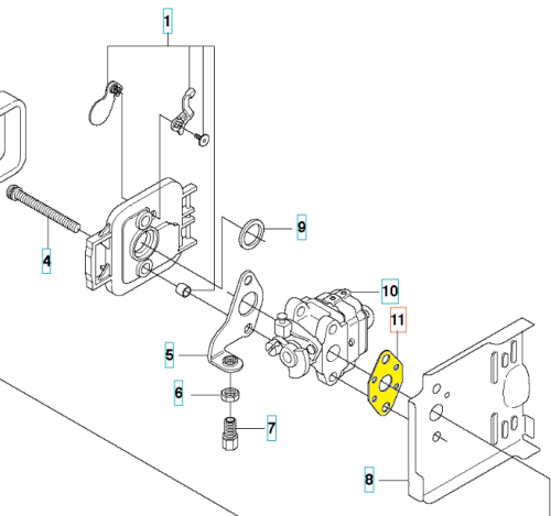 Uszczelka gaźnika nożyc Husqvarna 123HD60/65X, żółta, okrągła z otworami montażowymi i detalem ułatwiającym montaż. Produkt na białym tle, leżący, ukazujący cechy konstrukcyjne.