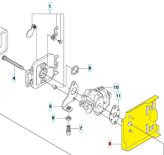 Płytka przegrody nożyc Husqvarna 123HD60/123HD65X w kolorze żółtym, wykonana z metalu, pokazana z różnych kątów; elementy montażowe oraz detale widoczne na schemacie, w tym mocowanie i otwory. Tło proste, białe.