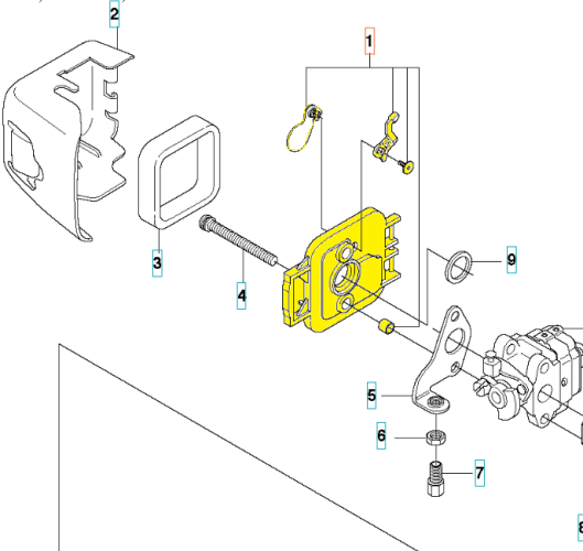 Podstawa filtra powietrza nożyc 123HD60/123HD65X Husqvarna, żółta prostokątna obudowa z otworem na wlot powietrza, widoczne mocowania oraz obok metalowy element montażowy i śrubka, nowe na białym tle.