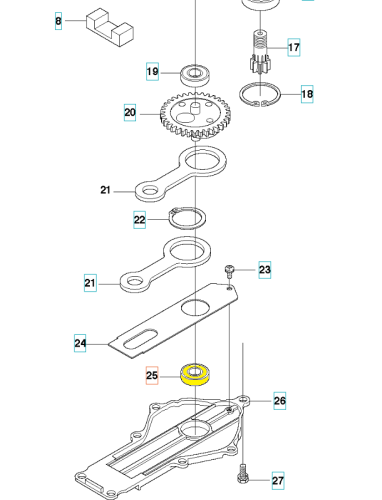 Żółte łożysko mimośrodu nożyc Husqvarna 123HD60/123HD65X, okrągłe, gładkie, w metalowej obudowie. Widoczne z boku na jasnym tle, z detalami montażu i oznaczeniami.