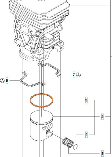 Pierścień tłoka pilarki Husqvarna 445, pomarańczowy element, okrągły kształt, umieszczony wokół tłoka. Widok z boku, w pozycji leżącej, obok innych części silnika. Widoczne detale, takie jak gładka faktura. Tło jasne, proste.