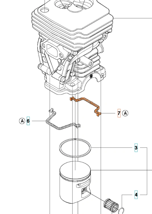 Uszczelka cylindra pilarki Husqvarna 445, 450 prawa, złota, cienka, w kształcie litery L, obok cylindra i tłoka, na białym tle, precyzyjne detale, do uszczelniania połączeń.