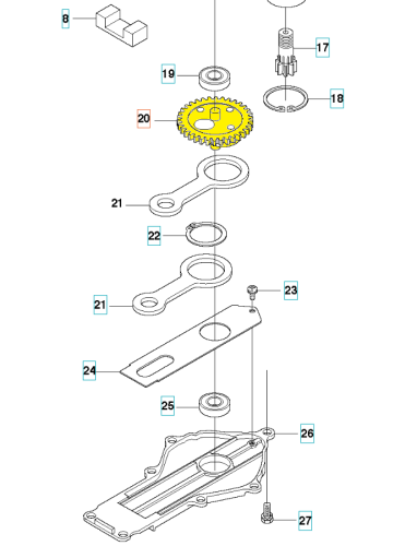 Koło zębate nożyc 123HD60/123HD65X Husqvarna w kolorze żółtym. Widok z góry, ukazujący zęby i dwa otwory montażowe. Umieszczone na białym tle, otoczone elementami mechanicznymi. Kształt okrągły, wykonane z metalu.