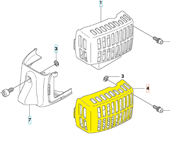 Pokrywa tłumika nożyc 123HD60/123HD65X Husqvarna, żółto-biała, widok z góry. Otwarta konstrukcja ze szczelinami, widoczne mocowania i oznaczenia, na jednolitym tle.