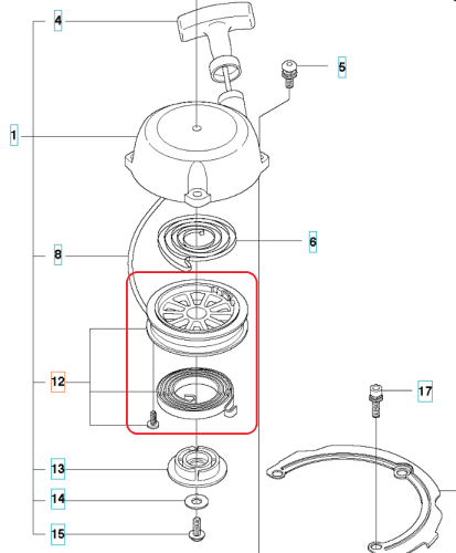 Kompletna sprężyna nożyc 123HD60/123HD65X Husqvarna, metalowa, okrągła, poziomo ułożona w czerwonym polu. Widoczny kołpak i klamra, idealna do nożyc ogrodniczych, częściowy widok zestawu elementów.