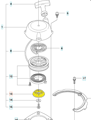Kółko rozrusznika nożyc Husqvarna 123HD60/123HD65X z metalową obudową, dźwignią, sprężyną, okrągłym talerzem z otworami, żółtą uszczelką i śrubami montażowymi, prezentowane na białym tle.
