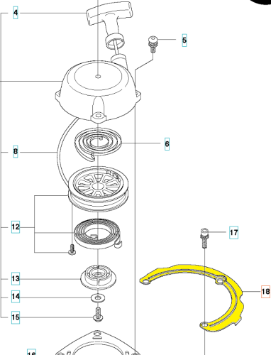Żółta plastikowa płytka rozrusznika nożyc 123HD60/123HD65X Husqvarna z otworami montażowymi, ujęcie na płaskiej białej powierzchni z detalem krawędzi.