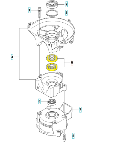 Łożysko kulkowe nożyc 123HD60/123HD65X Husqvarna w jasnym kolorze, z oznaczeniami, sprężyną, uszczelką i dwoma żółtymi pierścieniami na białym tle, pokazane pionowo.