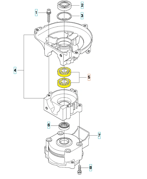 Łożysko kulkowe nożyc 123HD60/123HD65X Husqvarna w jasnym kolorze, z oznaczeniami, sprężyną, uszczelką i dwoma żółtymi pierścieniami na białym tle, pokazane pionowo.