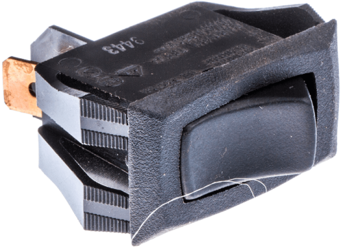 Czarny, prostokątny włącznik świateł Husqvarna CT 154 z wypukłym guzikiem i widocznymi zaciskami, o matowej powierzchni z oznaczeniami marki. Zdjęcie z boku, produkt leży na płaskiej powierzchni.