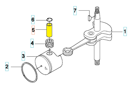 Sworzeń tłoka nożyc Husqvarna 123HD60/123HD65X, metalowy z żółtym cylindrem i okrągłym tłokiem, widoczny z boku na białym tle, pokazujący detale mocowania i kształtu.